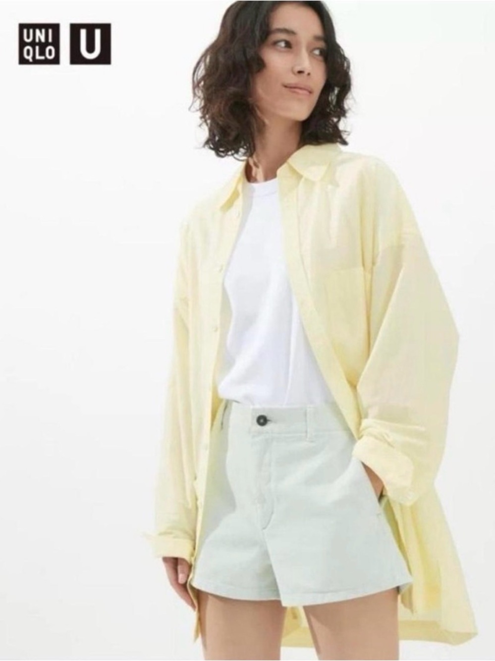 Uniqlo butter yellow Oversized button up Long-Sleeve Long Shirt medium